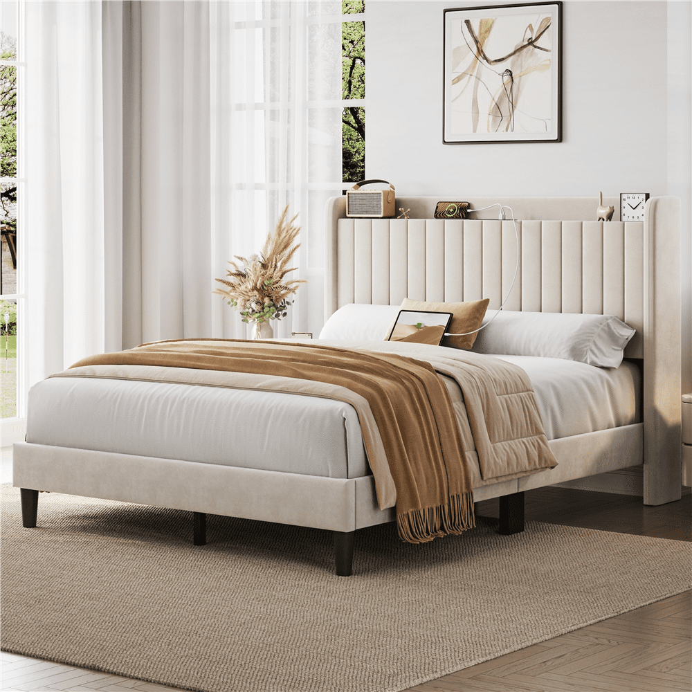 Fullfurnique Velvet Upholstered Bed Frame with Charging Outlets & USB Ports, Queen, Beige