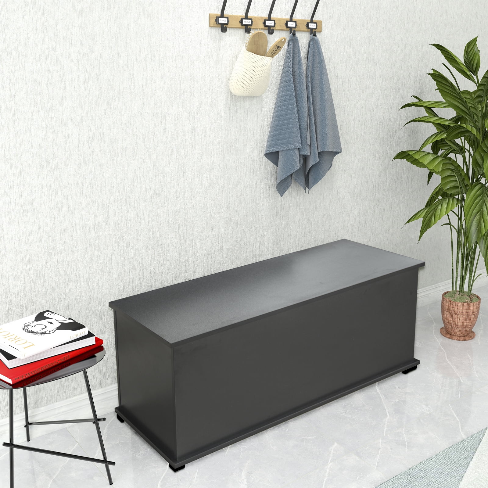 Modern Lift-Top Storage Chest Trunk for Entryway, Wood Bench Toy Box Organizer with 2 Safety Hinges for Living Room Bedroom Black