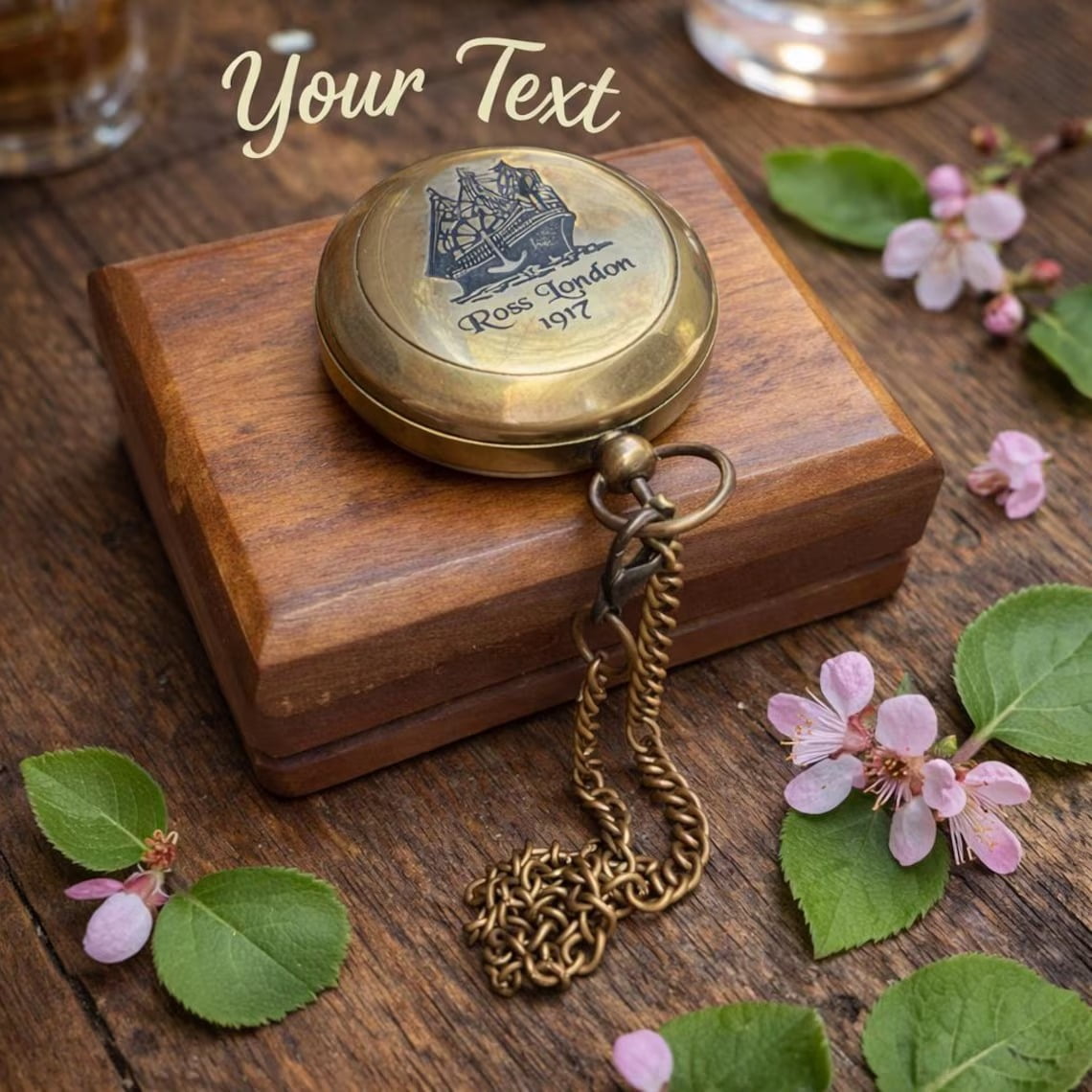 Personalised Ross London Antique Brass Pocket Compass – Vintage Maritime Compass | Custom Nautical Gift