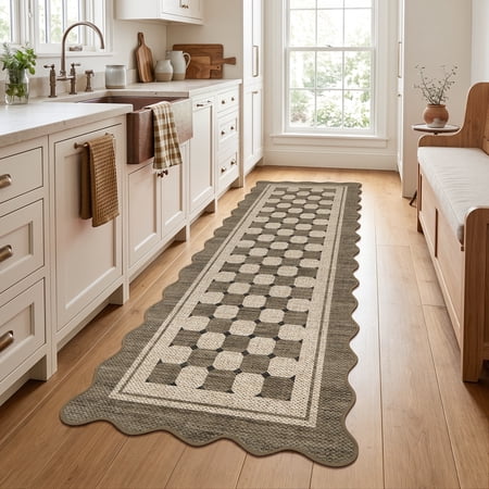 HIWEAVER Brown 2' x 6' Scalloped-edge Easy Jute Runner Rug for Bathroom Modern Bordered Plaid Indoor Outdoor Neutral Carpet for Patios Non Slip Washable Throw Kitchen Mat for Home Decor