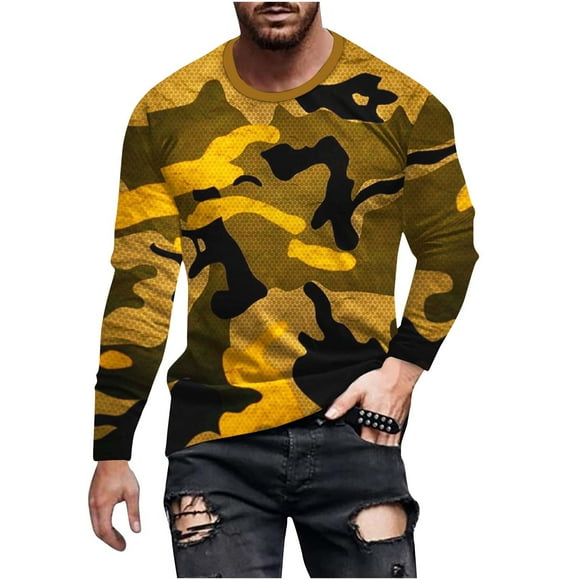 VALMASS Long Sleeve Shirts for Men Plus Size Camouflage Round Neck Lightweight Tops Casual Soft Pullover Blouses (3XL, Gold)