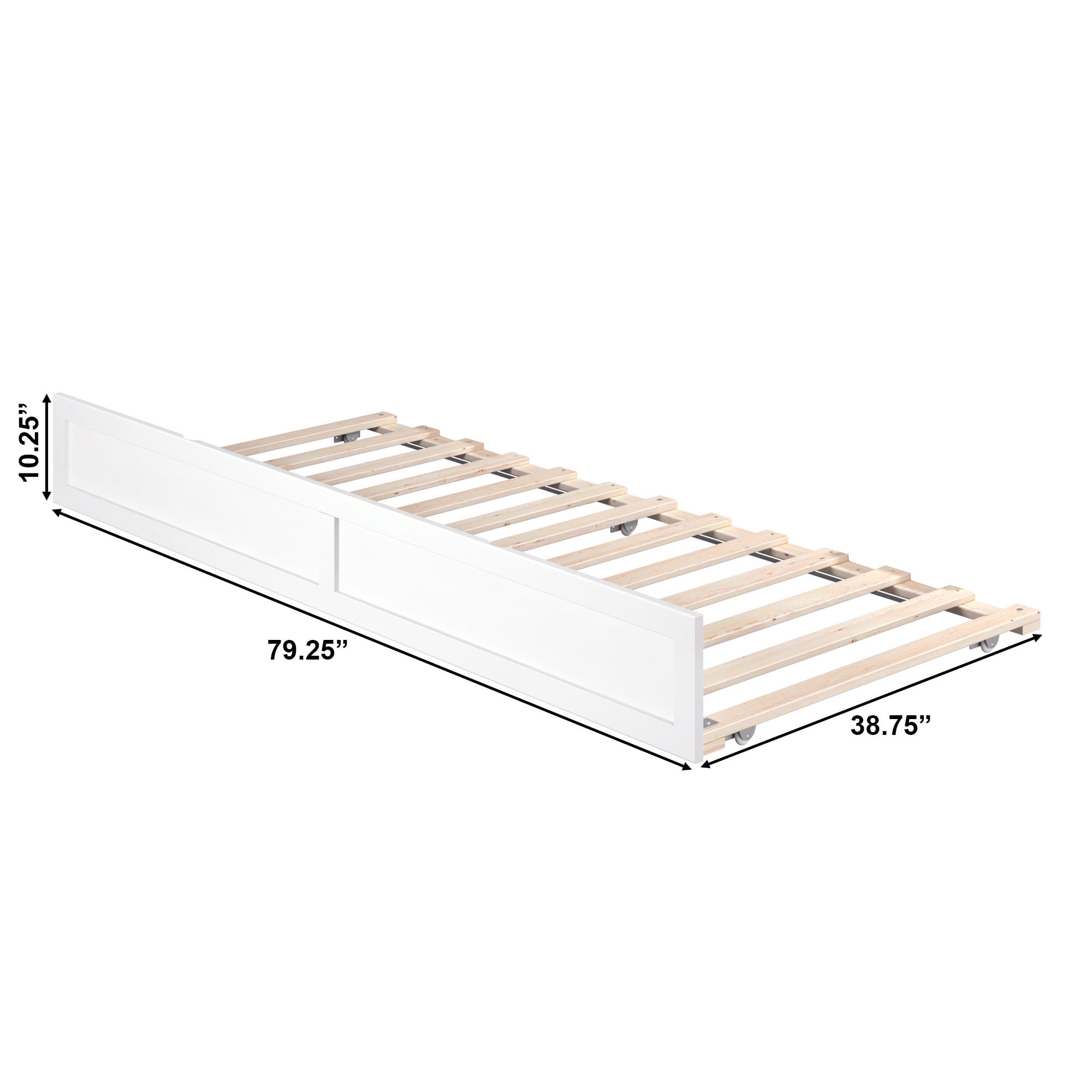AFI Twin-XL Roll Out Wood Trundle Bed Frame with Wooden Slat Supports, White