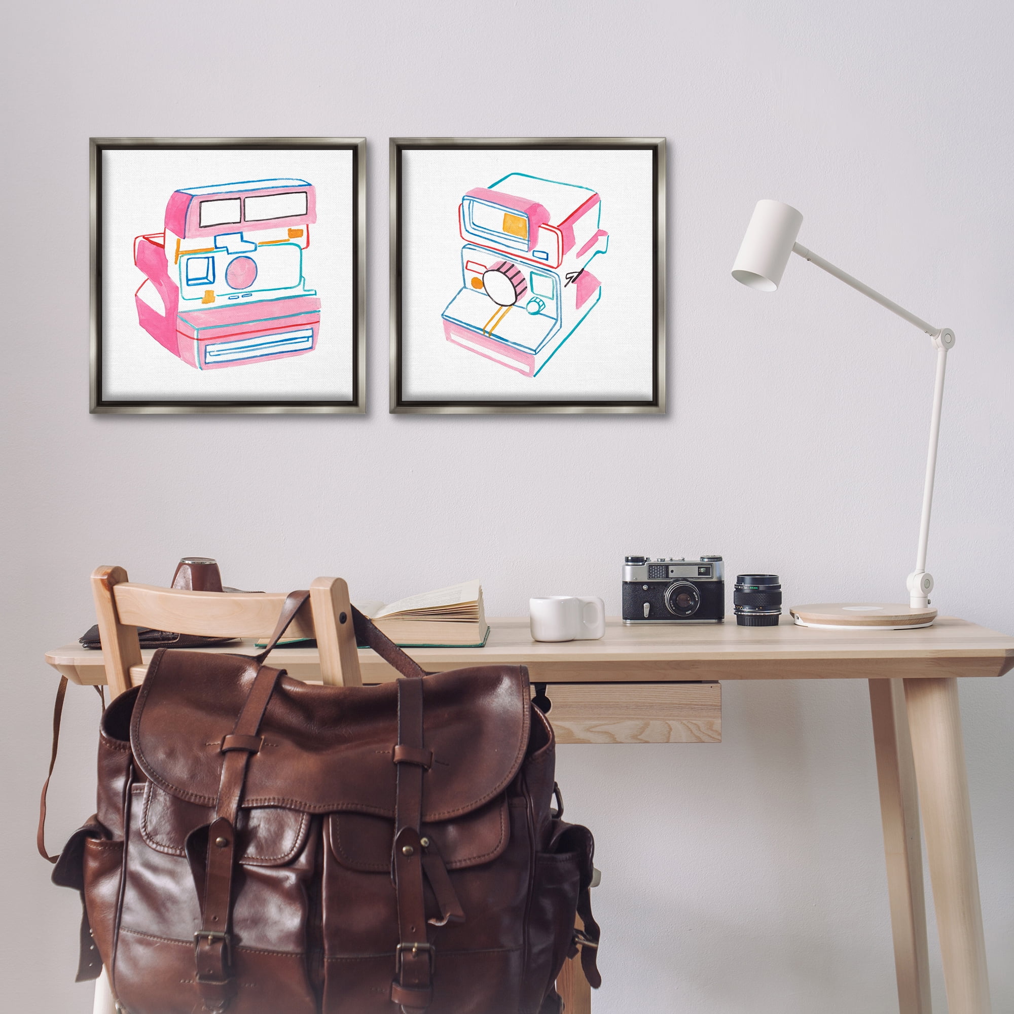 Stupell Industries Hand Drawn Vintage Camera Entertainment Painting Gray Floater Framed Canvas Art Print Wall Art, 18 x 18, Set of 2