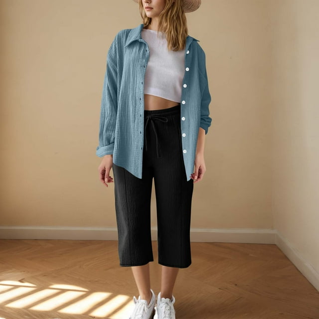 TACILIP Ensembles de Détente pour Femmes, Mode Été Manches Longues Col Uni Chemises Poche Capris Manches Longues Col Rabattu Ensemble, Cadeaux d'Anniversaire pour Femmes
