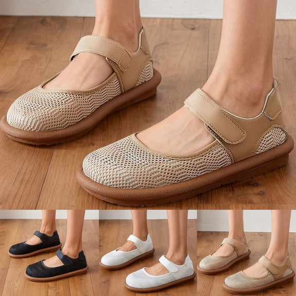 CAIXAI Orthopedic Shoes for Women Arch Support Platform Sneakers Comfortable Closed Toe on Walking Shoes with Wide Width Mesh Knitted Woven Mary Jane Flats Women Hands-Free Pull-On Shoes