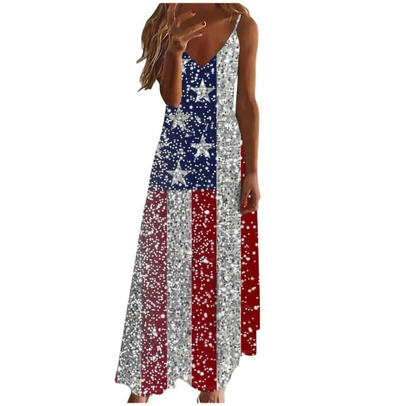 Save On 4Th of July Patriotic Dress for Women Independence Day Shirts American Flag Graphic Sundress Spaghetti Strap V-Neck Dresses Baggy Boho Beach Vacation Sun-Dress Maxi Dress
