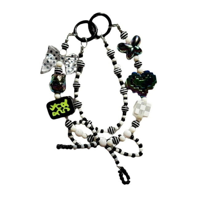 Llavero con cuentas Hugo decoración de corazón y lazo para teléfono regalo de recuerdo Negro