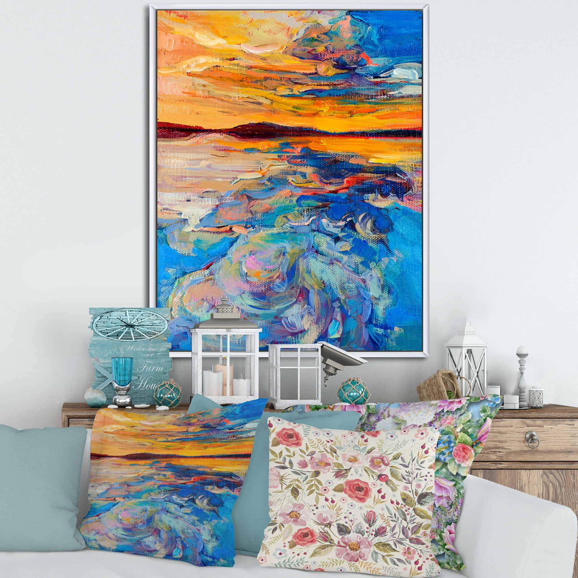 Designart 'Whirly Blue Waves Under Orange Sunset' Nautical & Coastal Framed Canvas Wall Art Print