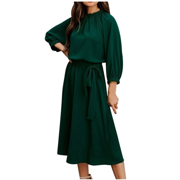 AOOCHASLIY Womens Long Sleeve Dress Women's Spring and Autumn Casual Round Neck Solid Color Lace-Up Long Sleeve Large Swing Dress