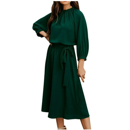 Womens Fall Long Sleeve Round Neck Midi Dress Solid Color Tie Waist ...