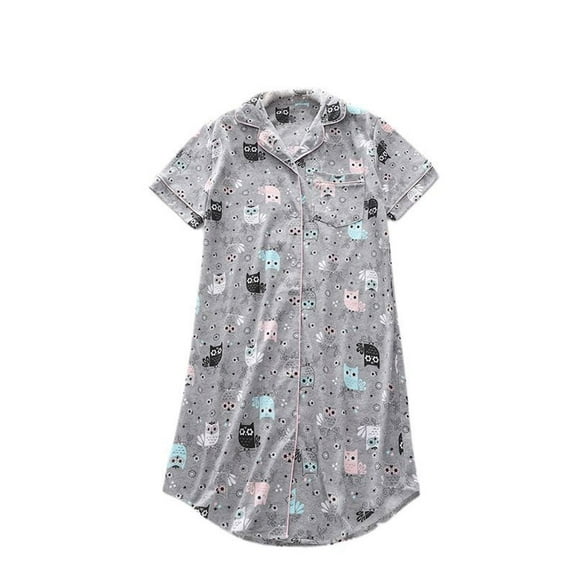 Previn Women's Short Sleeve Nightgown Cute Cotton Sleep Dress Knee Length Nightshirt Cartoon Printed Summer Button Up Sleep Shirt Sleepwear Grey Owl 3X-Large