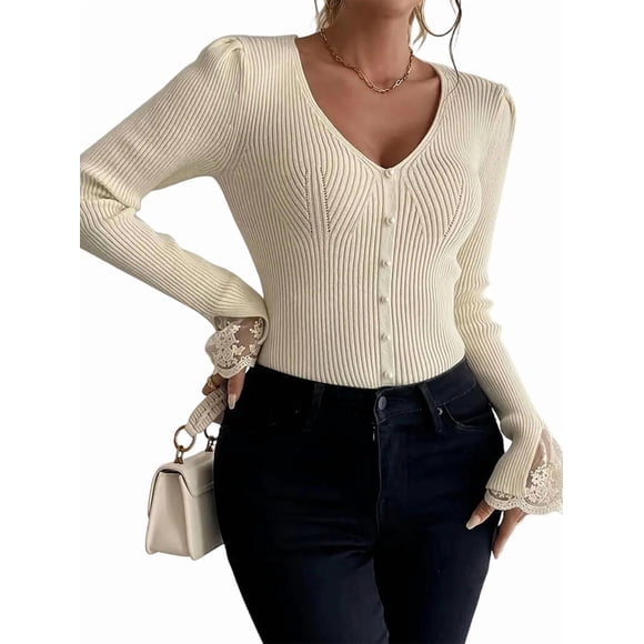 Women'S V Neck Lace Long Sleeve Sweater Pearl Beaded Rib Knit Top Khaki XS