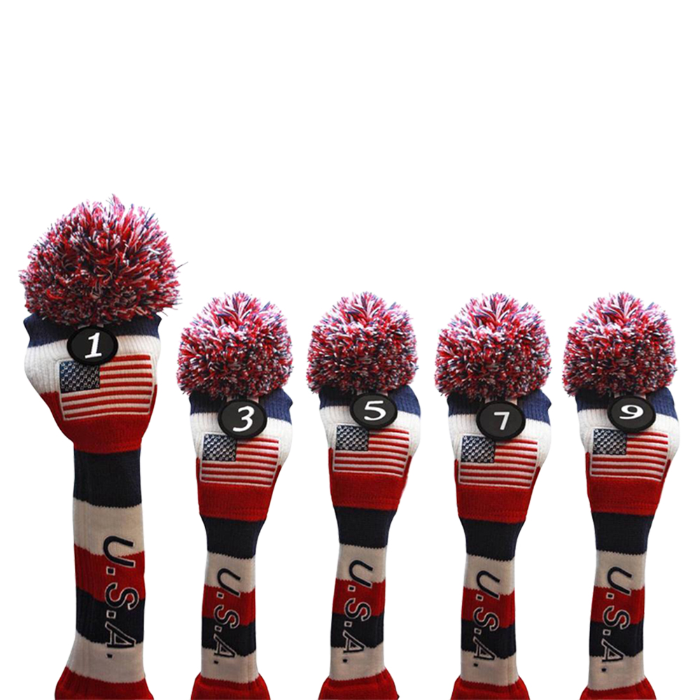 USA Majek Golf Driver 1 3 5 7 9 Fairway Woods Headcovers Pom Pom Knit Limited Edition Vintage Classic Traditional Flag Stars Red White Blue Stripes Retro Head Cover Fits 460cc Drivers and 260cc Woods - image 1 of 9