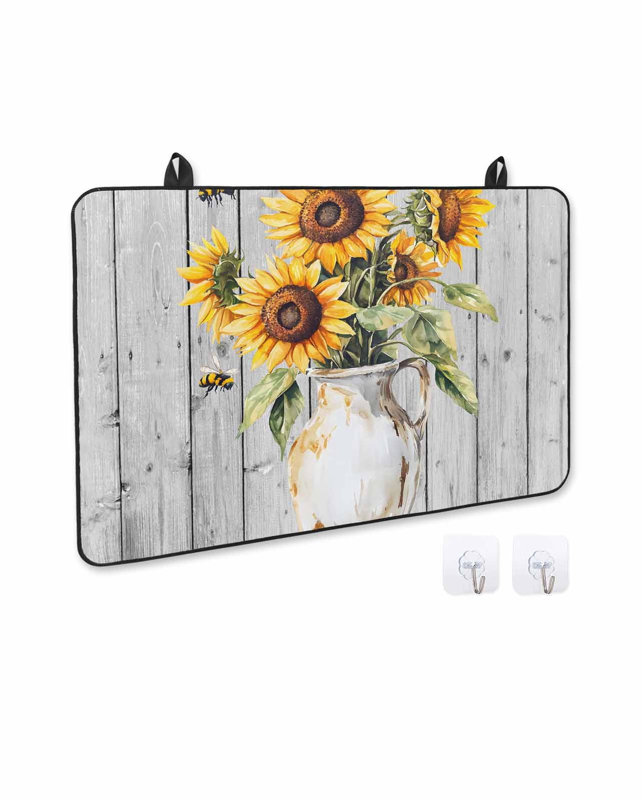 nqOlkjepod Large Induction Cooktop Protector Mat 31"x24", Yellow Sunflower Stove Top Covers for Electric Stove, Country Floral Grey Barn Wood Grain Stove Burner Cover Mats, Glass Top Stove Cover