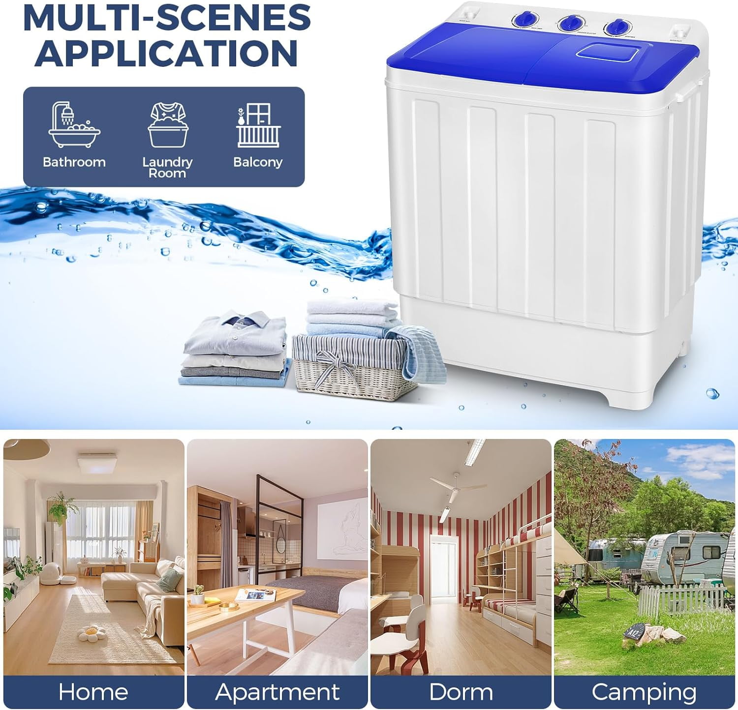 Adnoom 30lbs Washing Machine, 19lbs Washer/11lbs Spinner Combo Twin Tub Portable Washing Machine with Drain Pump, Blue&White