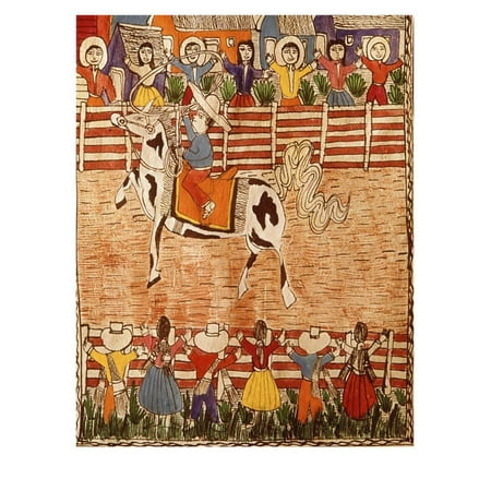 Hand Painted Mexican Folk Art - Mexican Rodeo, Folk Art on Wooden Sheet, 20th Century Print Wall Art