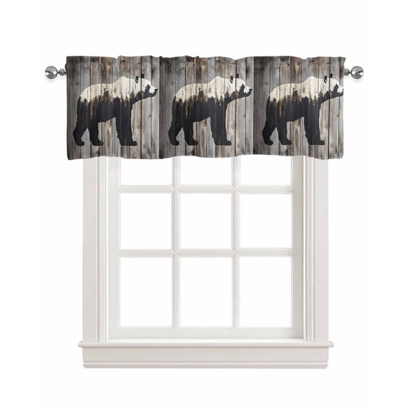 White Brown Bear Kitchen Valances for Windows Farmhouse Linen Window Valance Curtain for Living Room Window Treatment Retro Farmhouse Country Rustic Wood Grain Valance Rod Pocket Topper, 42 x 12 Inch