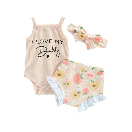 

Sunisery 3Pcs Baby Girls Summer Shorts Outfits Sleeveless Letter Print Romper + Peach Print Shorts + Headband Clothes Pink 0-3 Months