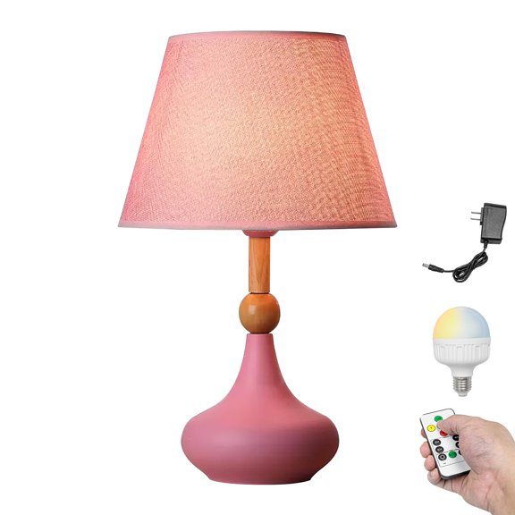 Kiven Cordless Table Lamp, Dimmable Ceramic Bedside Lamps for Nightstand with Pink Fabric Lampshade, Modern Rechargeable Desk Lamp for Reading Home Decor Bedside,1-Light