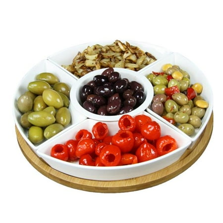 - 12.25 in. 6 Piece Lazy Susan Appetizer & Condiment Server Set with 5 Serving Dishes & A Bamboo Lazy Suzan Serving Tray
