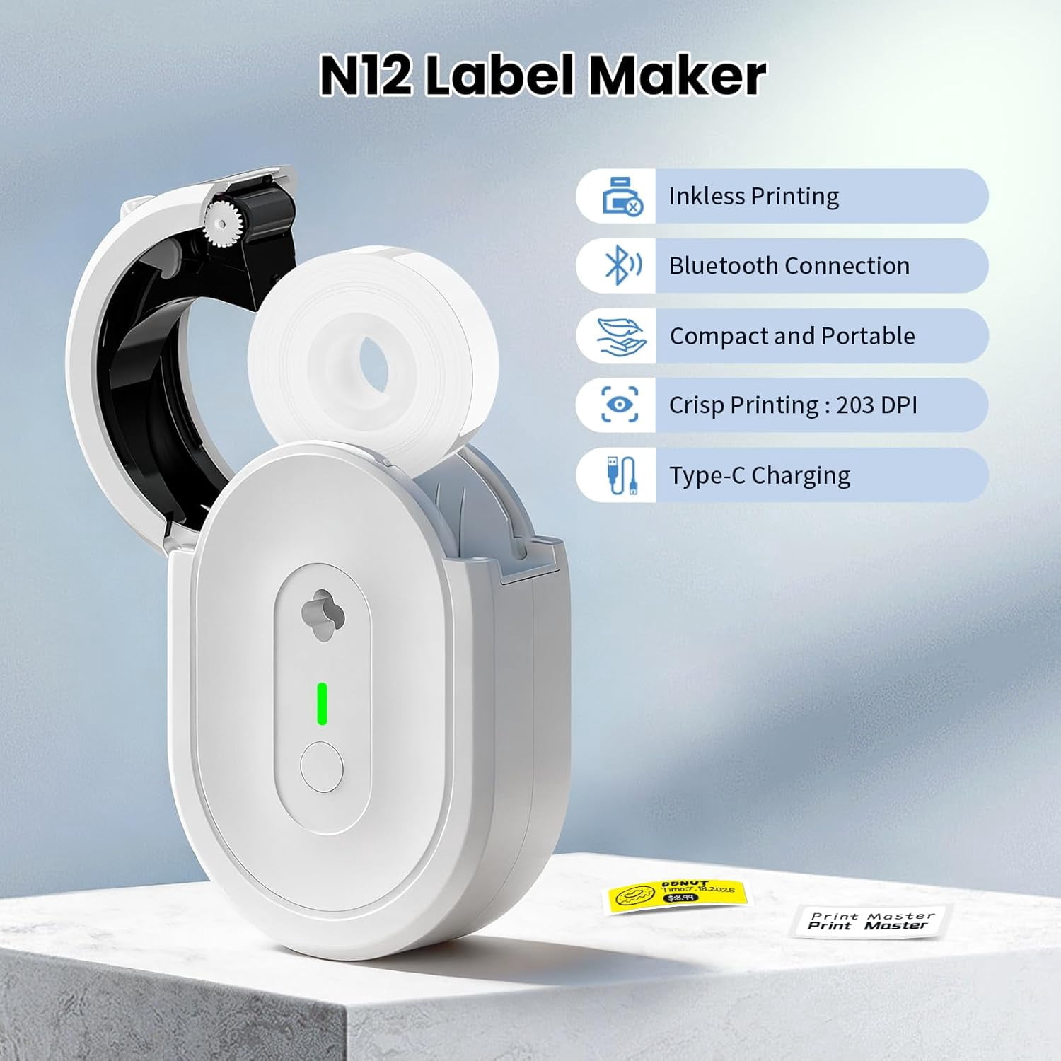 Mini Label Maker Machine with Tape, N12 Portable Bluetooth Label Printer, Thermal Sticker Labeler for Small Business, School, Home, Office(White)
