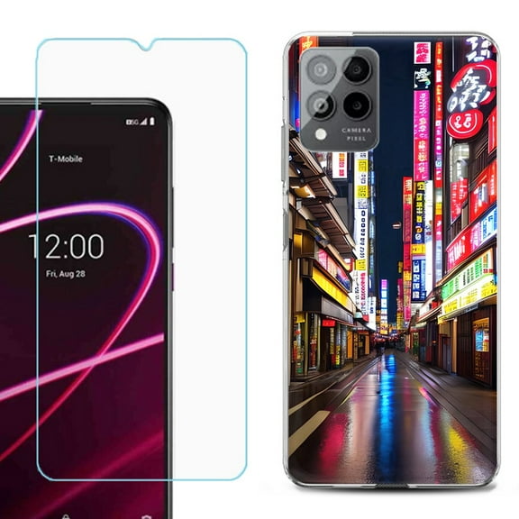 OneToughShield ® for T-Mobile Revvl 6x Pro 5G Shockproof Fashion Phone Case, with Tempered Glass Screen Protector - Neon Street