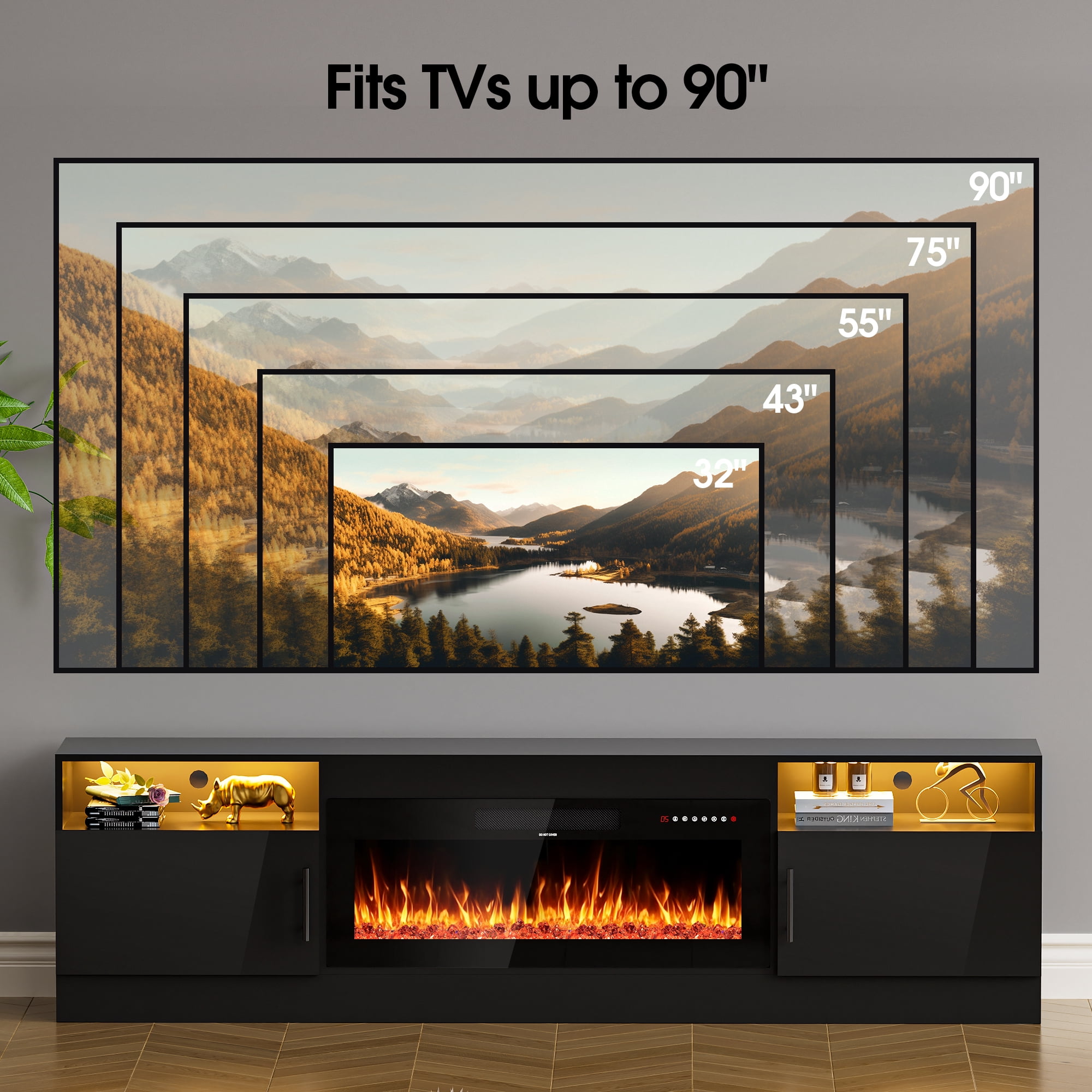 HARIPUL 80” TV Stand with 36" Electric Fireplace for TVs Up to 90 inch, LED Light Entertainment Center with High Gloss Door, Modern Media Console Cabinet for Living Room
