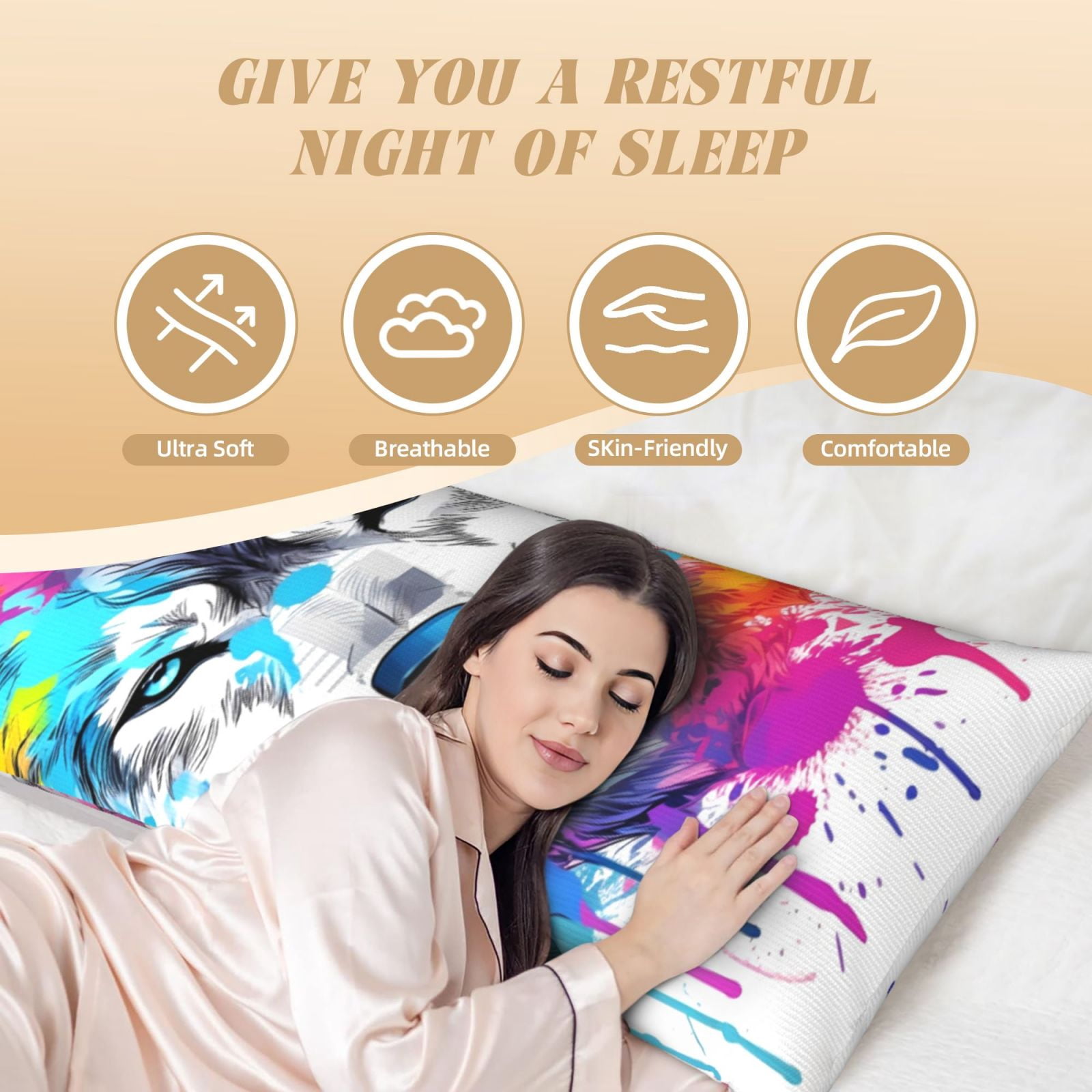 Naloa Cool Colorful Wolf Super Soft 20x60 Body Pillow Case,Long Side Hidden Zipper（PILLOWS ARE NOT INCLUDED）