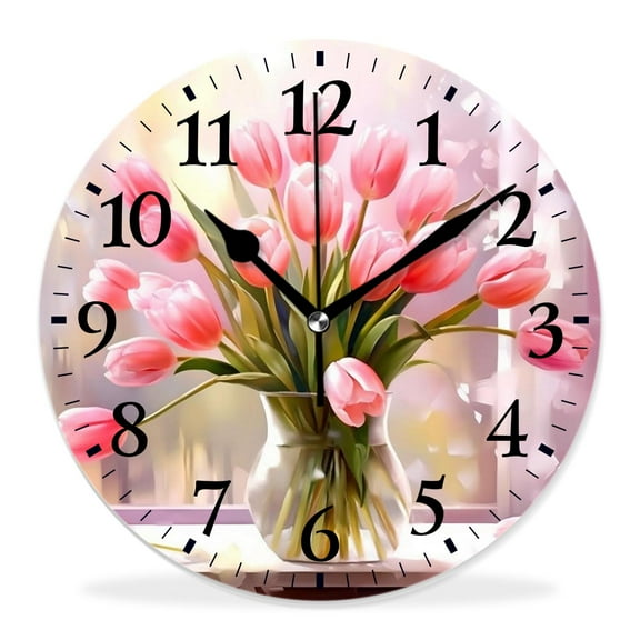 14 Inch Wall Clock Battery Operated Silent Clock Decorative for Office, Kitchen, Outdoor, Living Room，Spring Tulip Flowers Print