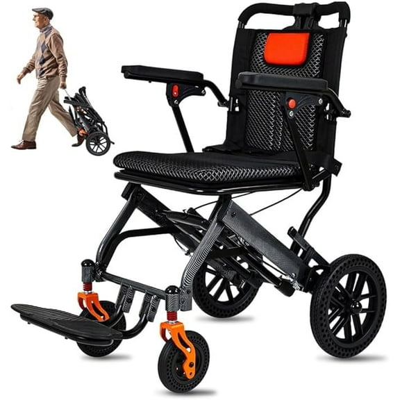20LBS Lightweight Foldable Transport Wheelchair for Adults - Carbon Fiber Coating, 10” Honeycomb Wheels, 220LBS Capacity, Pull Rod, 16.2” Seat, Portable for Travel & Daily Use