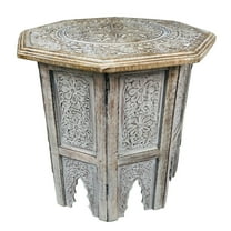 Olta 18 Inch Handcrafted Farmhouse Side Table Engraved Carved Design Mango Wood Octagonal Top Antique Brown - Saltoro