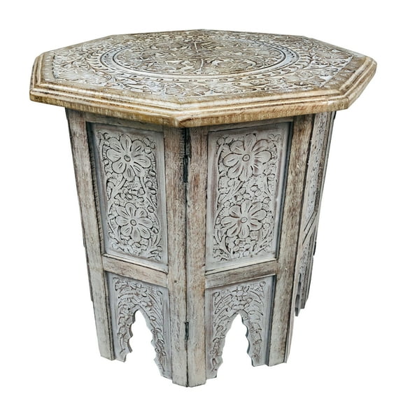 Olta 18 Inch Handcrafted Farmhouse Side Table Engraved Carved Design Mango Wood Octagonal Top Antique Brown - Saltoro