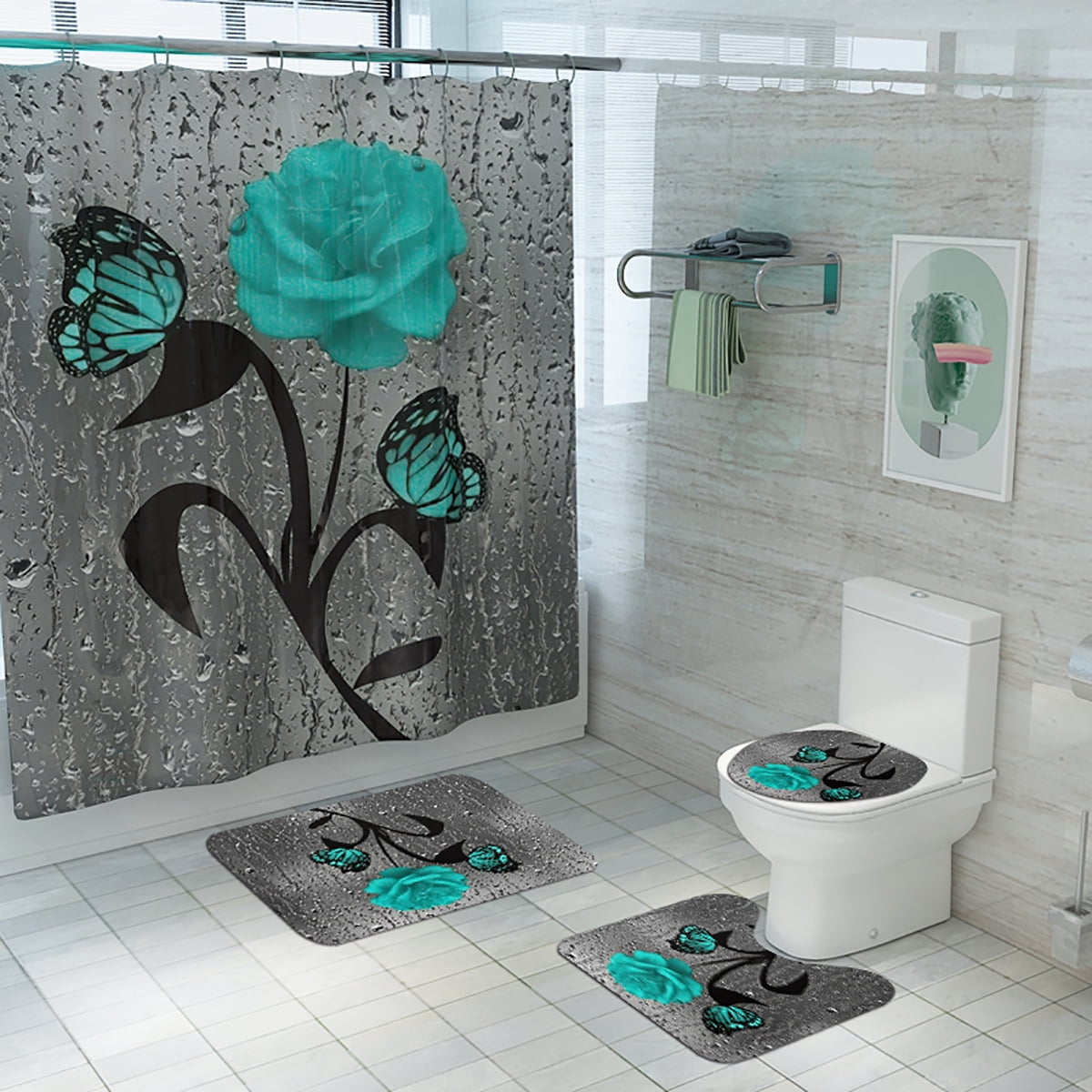 Teal Gray Rose Flower Butterflies Bath Polyester Fabric Shower Curtain Sets With 12 Hooks