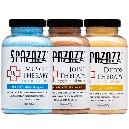 Spa & Hot Tub RX Therapy Muscle Detox Joint Bundle 3 Pack Gift Set - Spazazz Therapeutic Mineral Dead Sea Bath Salt Crystals Collection Includes Hot Cold Towel & Five Point Full Body Massager (19 oz)