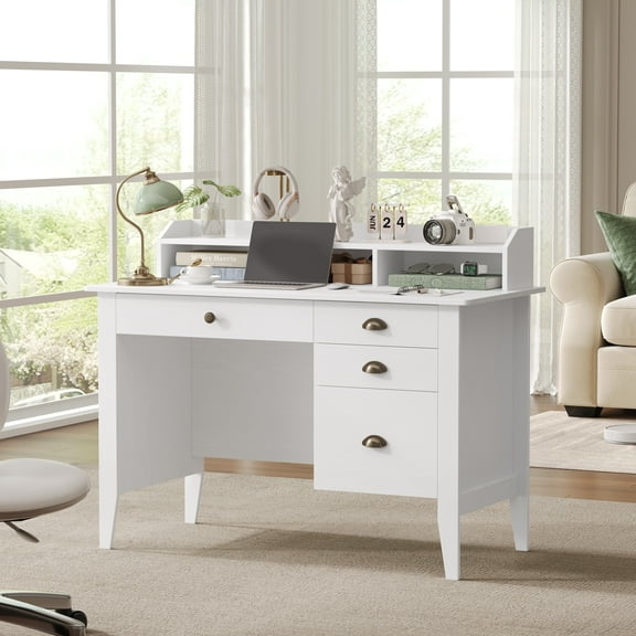 Homfa 47 in Computer Desk, Home Office Writing Table with 4 Drawers and Hutch Shelf, White