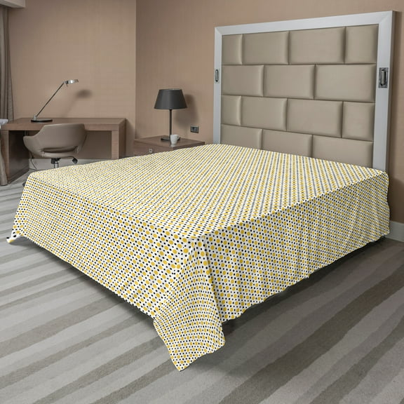 Ambesonne Abstract Flat Sheet, Retro Style Polka Dots, California King, Earth Yellow Grey
