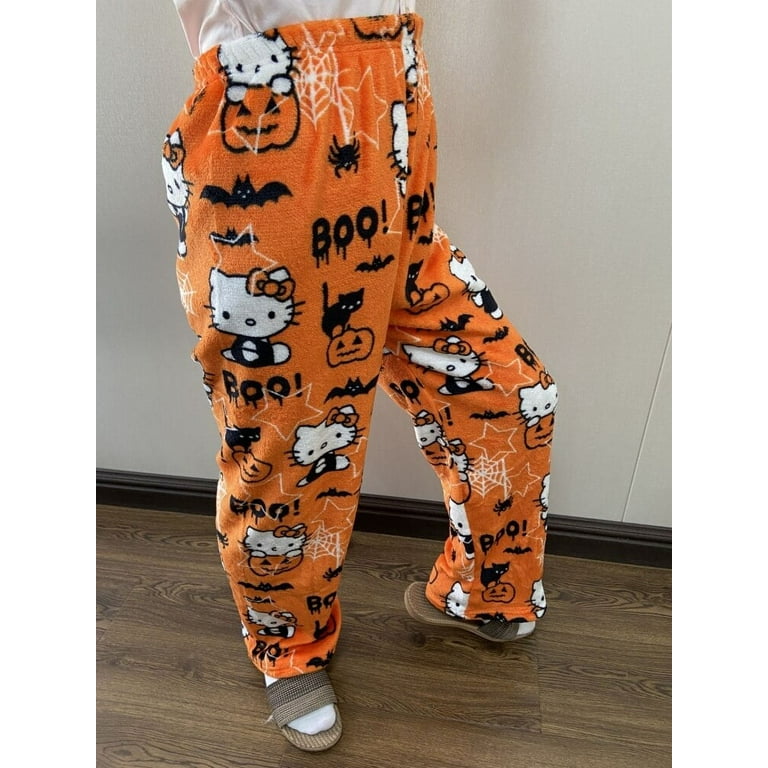 Sanrio Hello Kitty Pajamas Pants Happy Halloween Flannel Women Warm Woolen  Whitecartoon Casual Home Pants Autumn Grils Trousers
