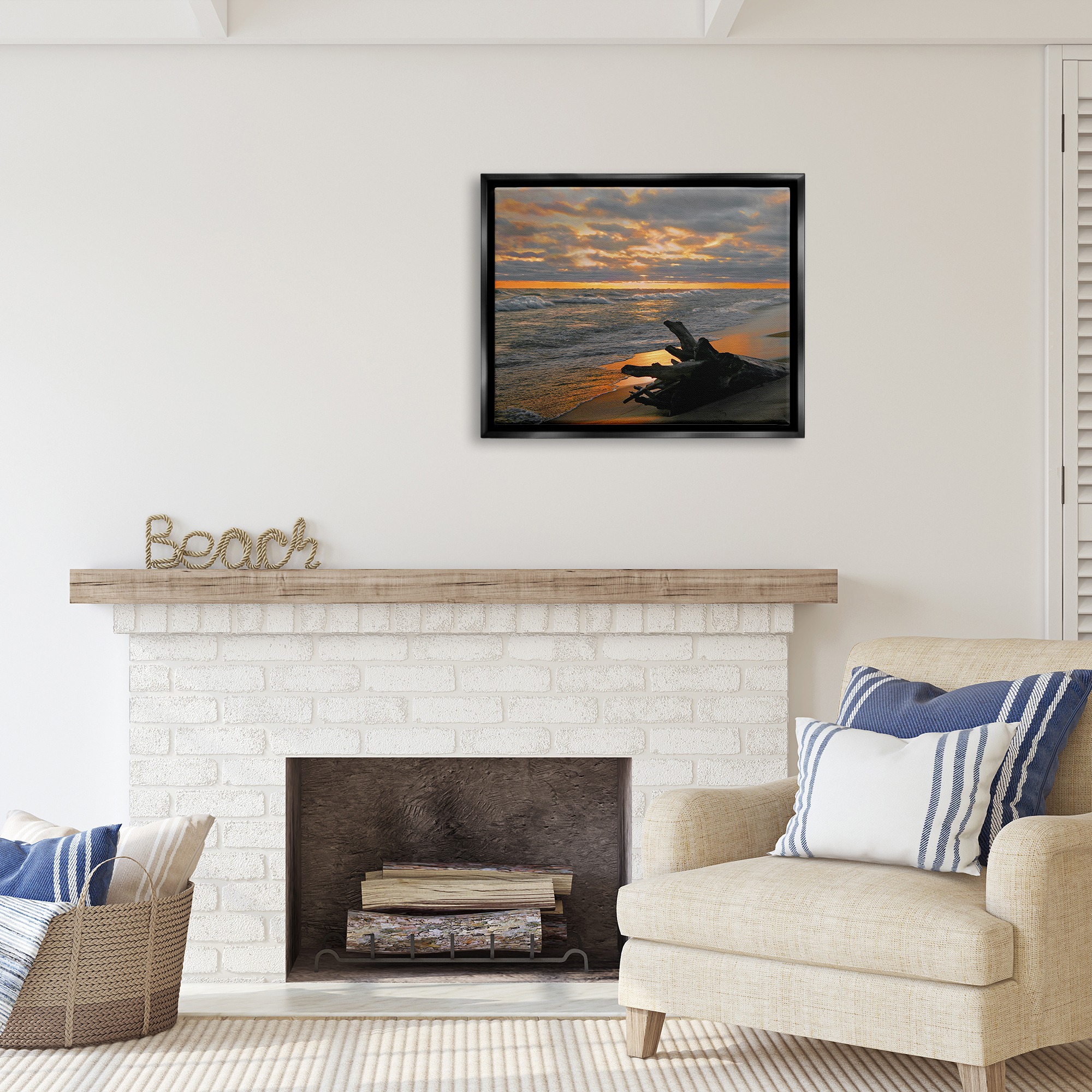 Stupell Industries Driftwood at Sunset Landscape Photography Black Floater Framed Canvas Art Print Wall Art, 31 x 25