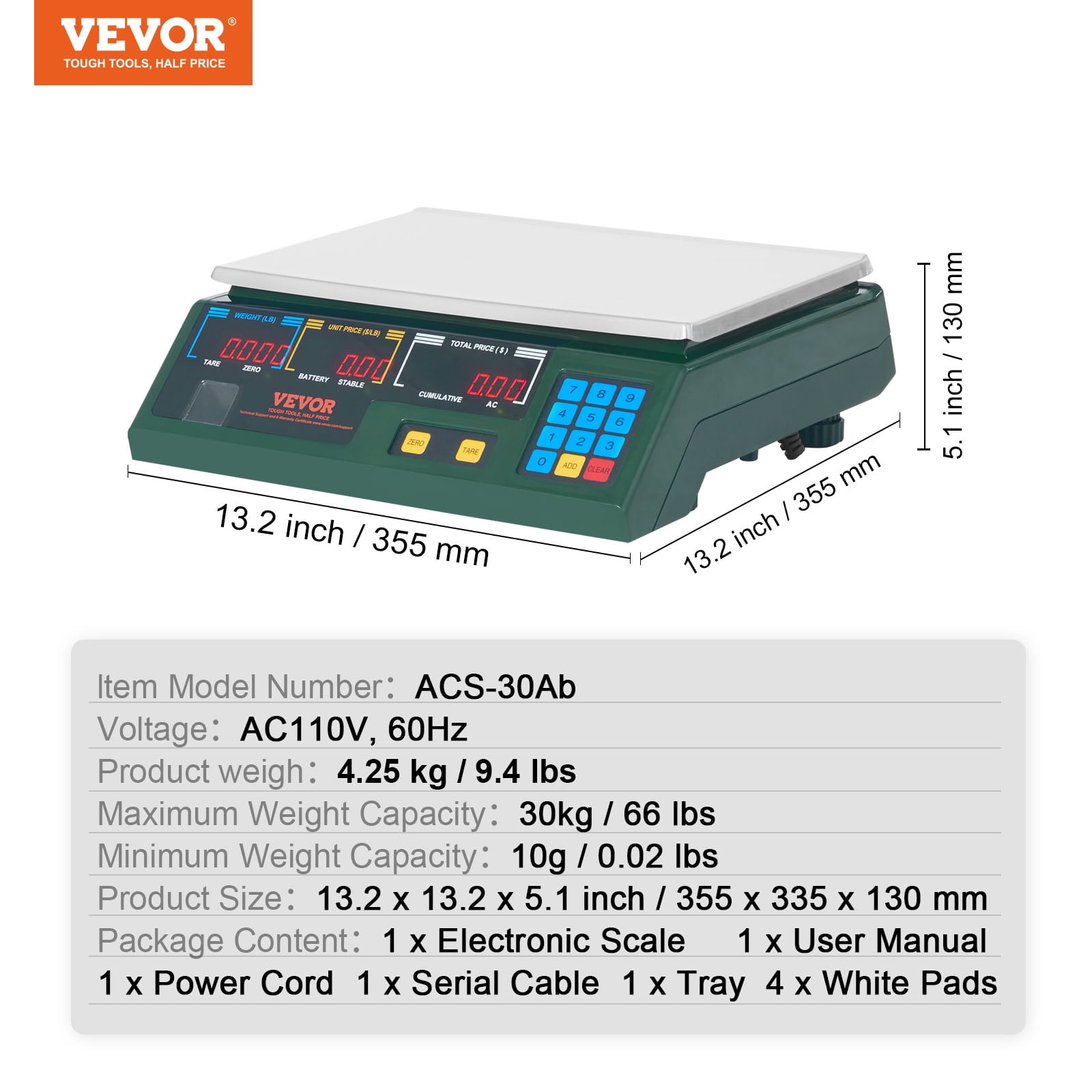 VEVOR 66Lbs 30KG Electronic Price Computing Scale Commercial Food Meat Weighting