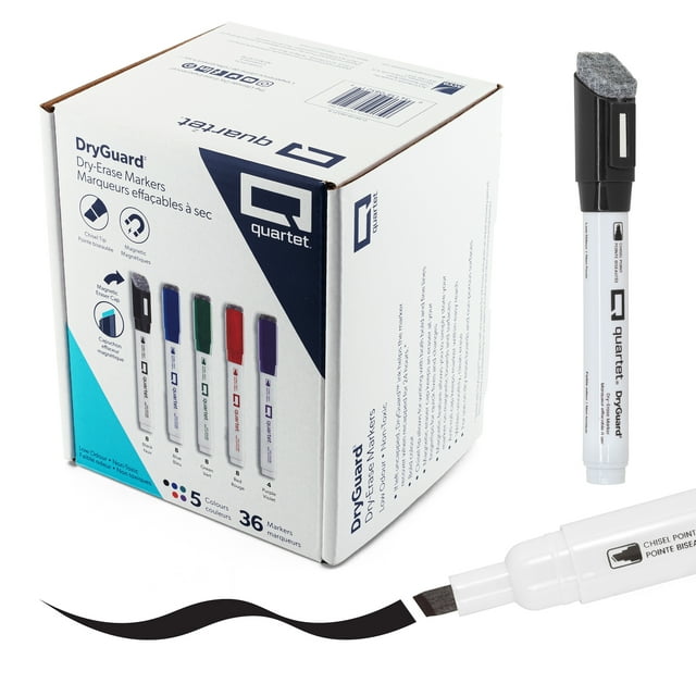 Quartet DryGuard Dry Erase Markers with Eraser Chisel Tip Assorted Ink Colors Pack of 36 showing a white box with 36 markers in black, blue, green, red, and purple, a close-up of a white marker drawing a black line with a chisel tip, and a white marker with a magnetic eraser cap, designed for smooth, low-odor writing and quick erasing on whiteboards.