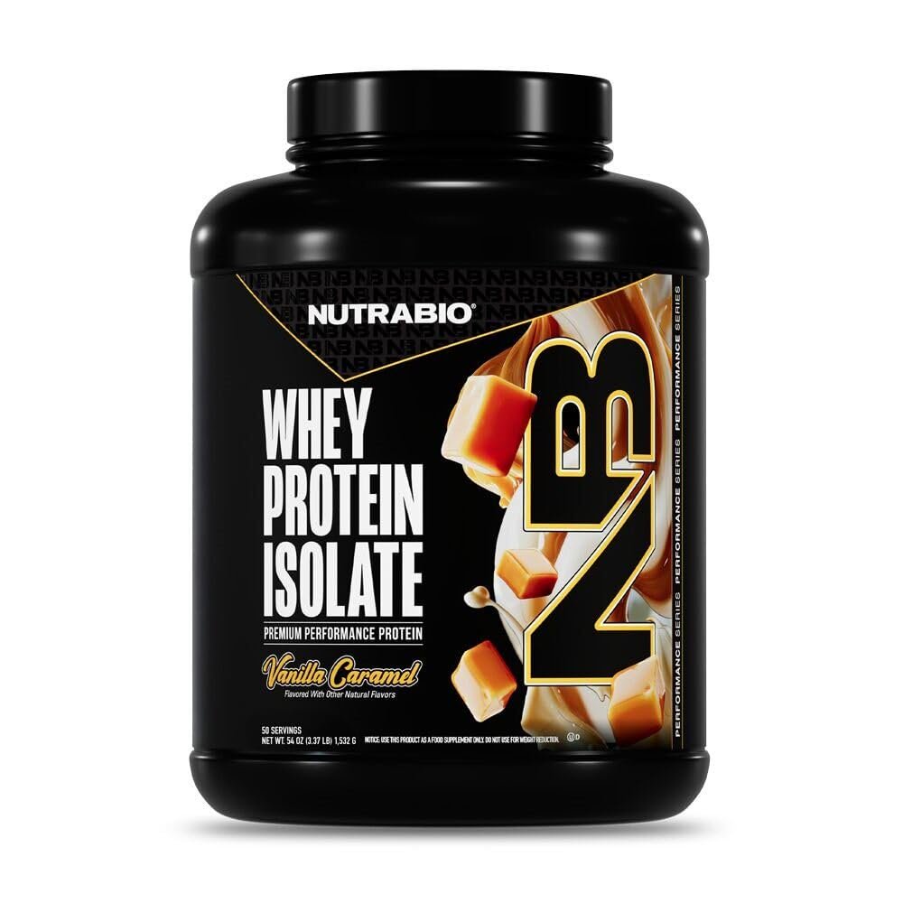 NutraBio Whey Protein Powder Isolate Supplement – 25g of Protein Per Scoop with Complete Amino Acid Profile - Soy and Gluten Free Protein Powder - Vanilla Caramel - 50 Servings