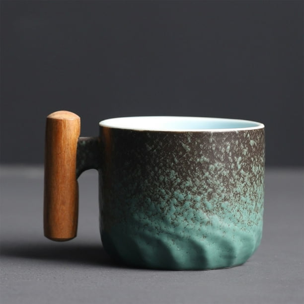 Taza de café de cerámica vintage con mango de madera • Esmalte degradado • 200g • Apta para microondas y lavavajillas • Mango ergonómico grande