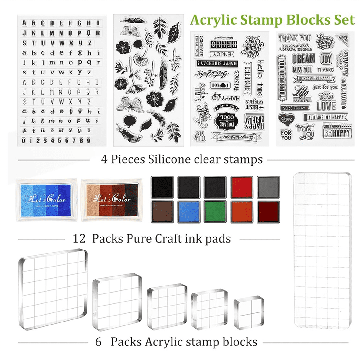 22 Pcs Crafting Stamps Set with Acrylic Stamp Blocks, Silicone Stamps, and Colorful Ink Pads for DIY Scrapbooking
