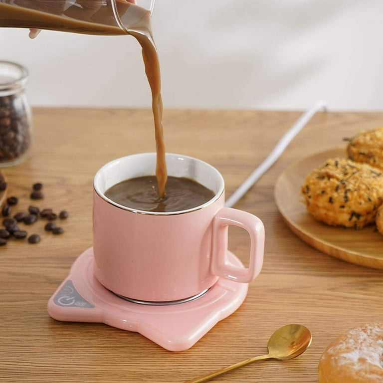 HOME-X White Mug with Mug Warmer Set, Coffee Accessory for Home or Office,  Small Electric Coffee Mug Plate Warmer, Heated Mug Coaster, 3 1/2 D x 4