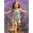 thumbnail image 4 of BemeyourBBs Kids Toddler Baby Girls Summer Clothes 2 Pieces Waffle Knit Striped Fly Sleeve Bow Camisole Tank Top with Ruffle Shorts Set, 4 of 9