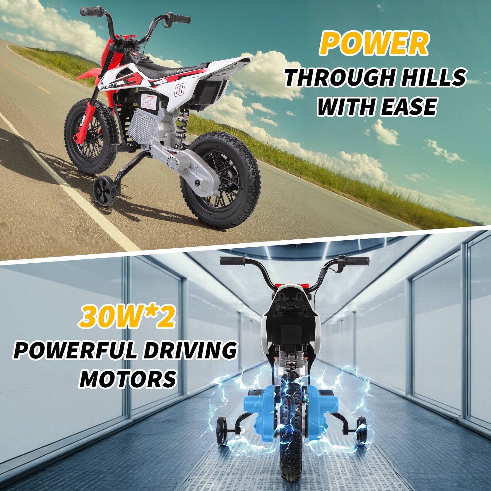 Tapoja 12V Kids Electric Dirt Bike w/ Twist Grip Throttle, Ride on Motorcycle w/ Training Wheels, Powered Ride on Toys for Boys Girls Ages 3-8, Spring Suspension, Dual Motors, Bluetooth, MP3