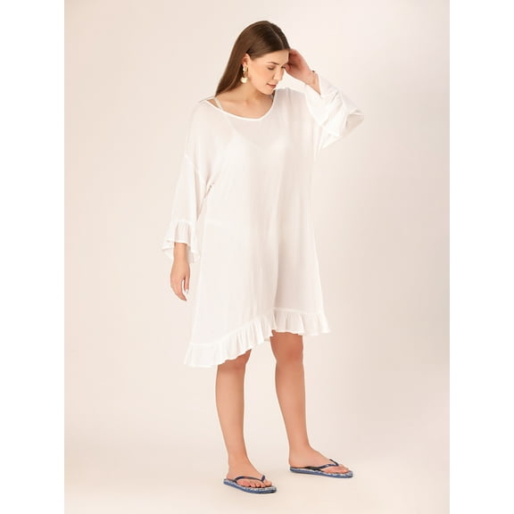 DressBerry Women's Solid Rayon Crepe V Neck Ruffled Sleeves Mini Dress Crinkled Adjustable Tie-Up Back Neck Casual Summer Wear Short Length Light Weighted Wavy Beach Wear Dress