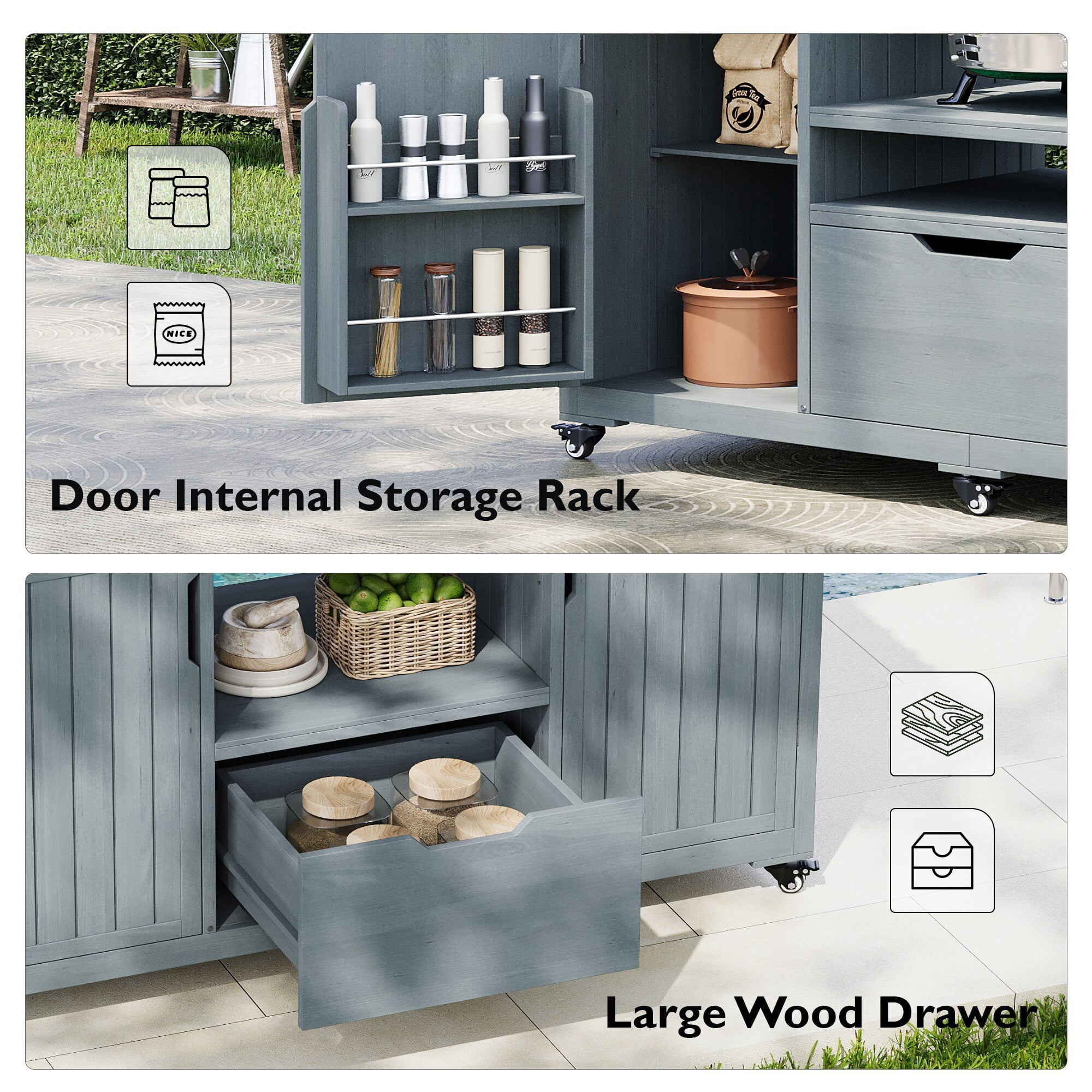 AENKYO 66.5" Outdoor Kitchen Island for Big Green Egg, Solid Wood Grill Cart with Stainless Steel Top, Gray Blue