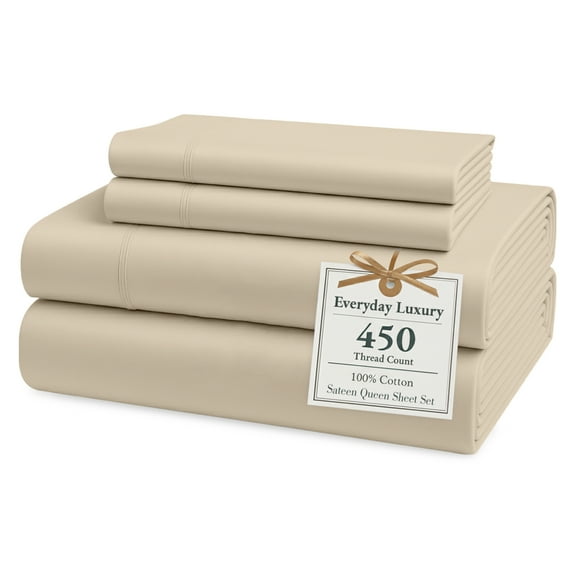 Casa Platino Queen Sheet Set – 450TC 100% Natural Cotton Cooling Bed Sheets, Hotel Luxury Soft Sateen Finish, Silky Smooth Comfort, Easy Care – Ivory