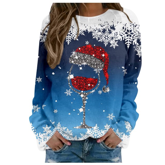 Staron Chandails de Noël pour Femmes Manches Longues Verre de Vin Rouge Joyeux Noël Chemise Col Rond Blouse Mode Décontractée Chandail en Molleton Cadeaux pour Elle